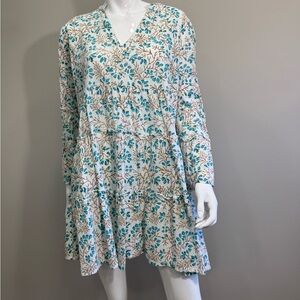 GINGY Fennerton Collection Floral V-Neck Long Sleeve Babydoll Tiered Dress L